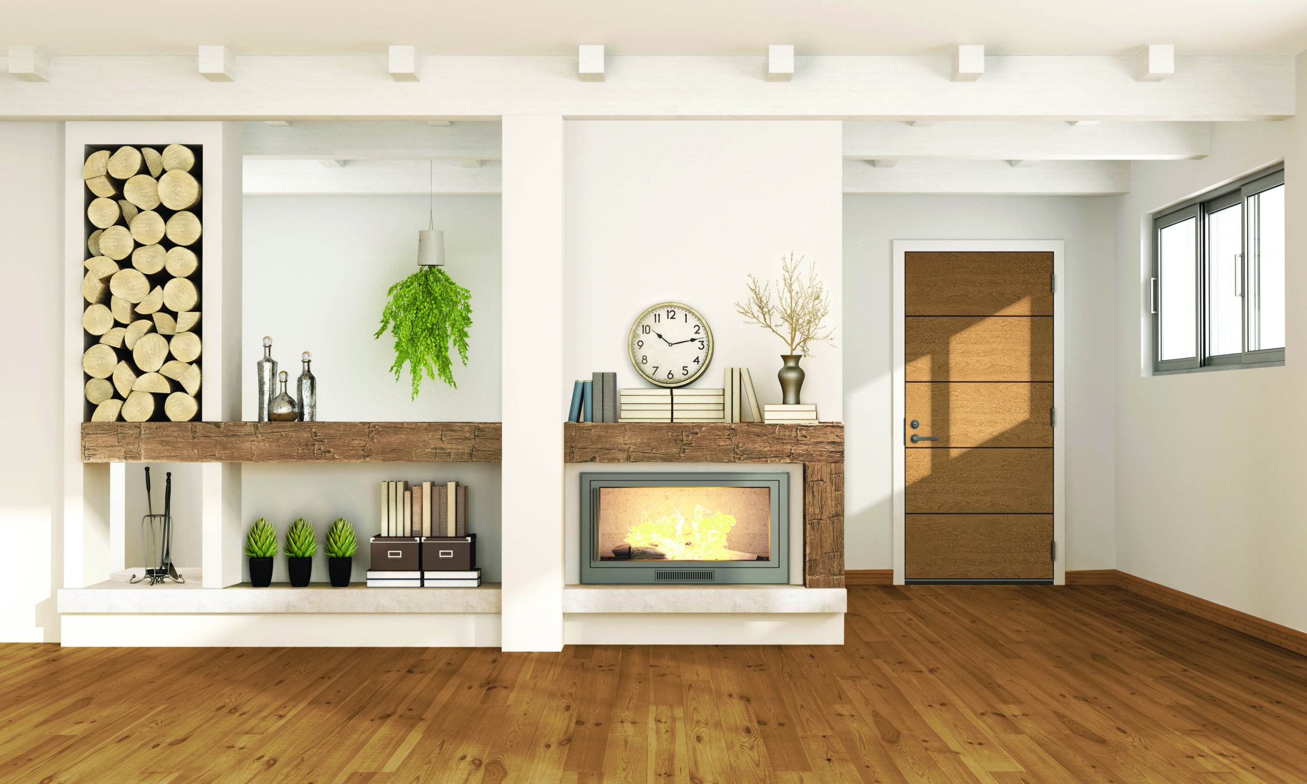 White living room with fireplace,wooden beams and closed door on background - 3D Rendering; Shutterstock ID 383786200; Purchase Order: Firesale