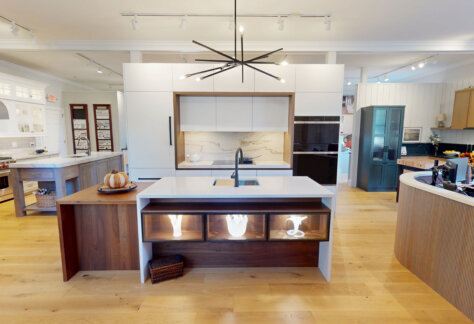 East Hampton kitchen showroom featuring custom cabinetry displays and modern kitchen designs.